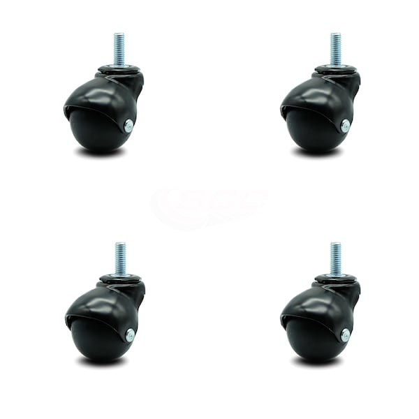 2 Inch Gloss Black Hooded 3/8 Inch Threaded Stem Ball Casters SCC, 4PK